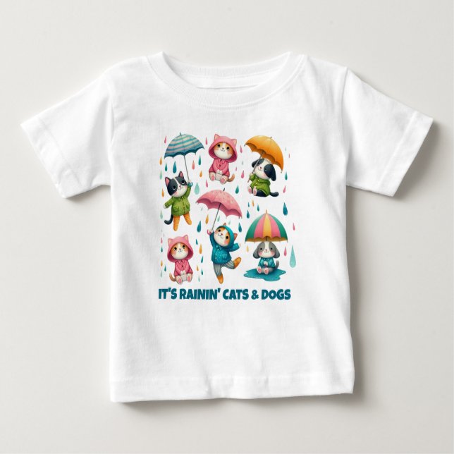 T-shirt Pour Bébé Chats et chiens à plume mignonne avec parapluies (Devant)
