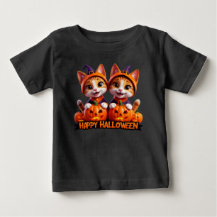 T-shirt Pour Bébé Chats roux mignons en chapeaux de sorcière citroui