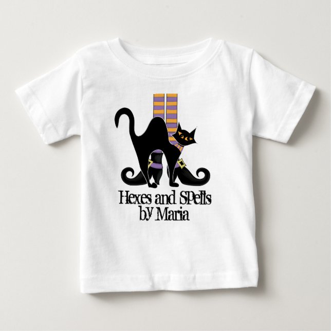 T-shirt Pour Bébé Chaussures de sorcière avec chat noir mignon et fa (Devant)