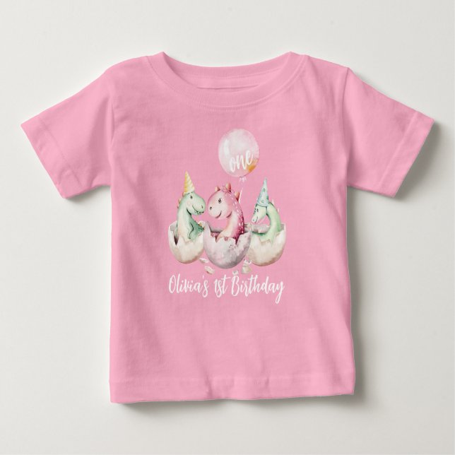 T-shirt Pour Bébé Chemise 1er anniversaire de dinosaure rose (Devant)