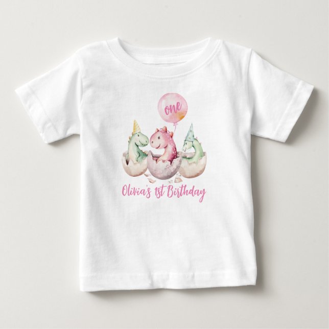 T-shirt Pour Bébé Chemise 1er anniversaire de dinosaure rose (Devant)