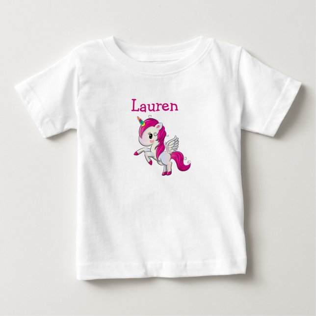 T-shirt Pour Bébé Chemise Fille Licorne Rose Personnalisée (Devant)