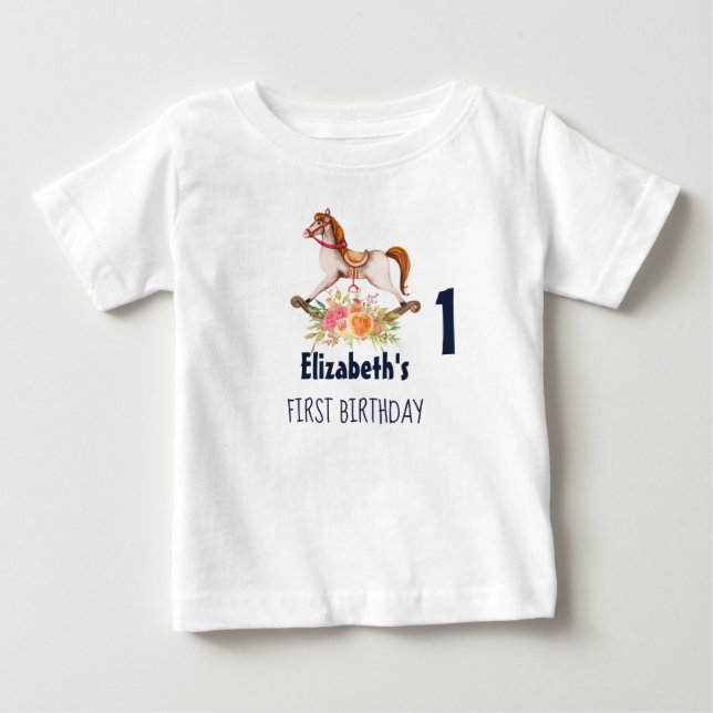 T-shirt Pour Bébé Cheval à roches vintage avec Florals Premier anniv (Devant)