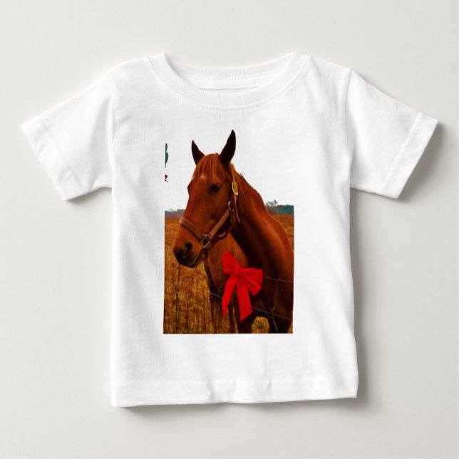 T-shirt Pour Bébé Cheval avec un ruban rouge (Devant)