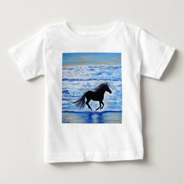 T-shirt Pour Bébé Cheval courir libre par la peinture de mer (Devant)