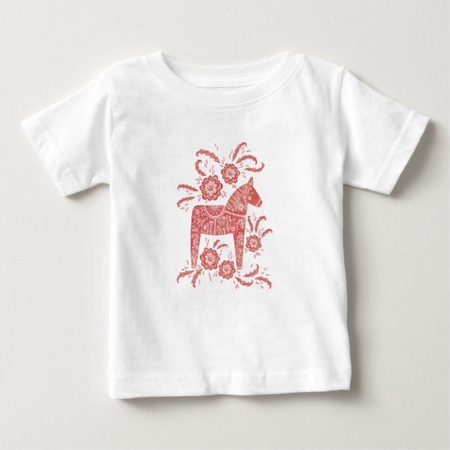 T-shirt Pour Bébé Cheval de Dala suédois Rouge et blanc (Devant)