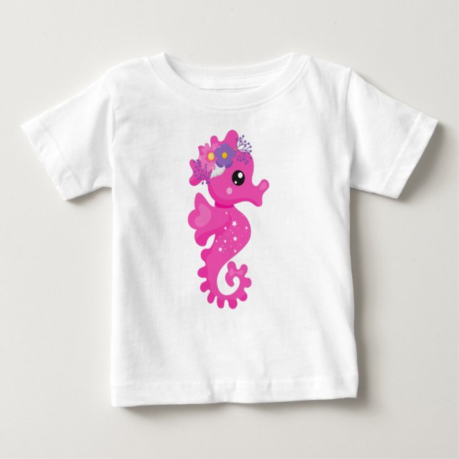 T-shirt Pour Bébé Cheval De Mer, Cheval De Mer Rose, Fleurs, Coquill (Devant)