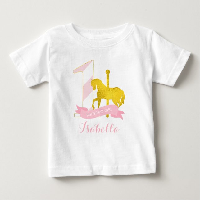 T-shirt Pour Bébé Cheval rose Carousel Fille d'anniversaire (Devant)