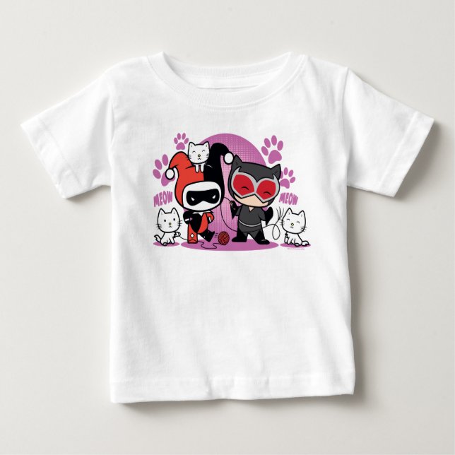 T-shirt Pour Bébé Chibi Harley Quinn & Chibi Catwoman Avec Chats (Devant)