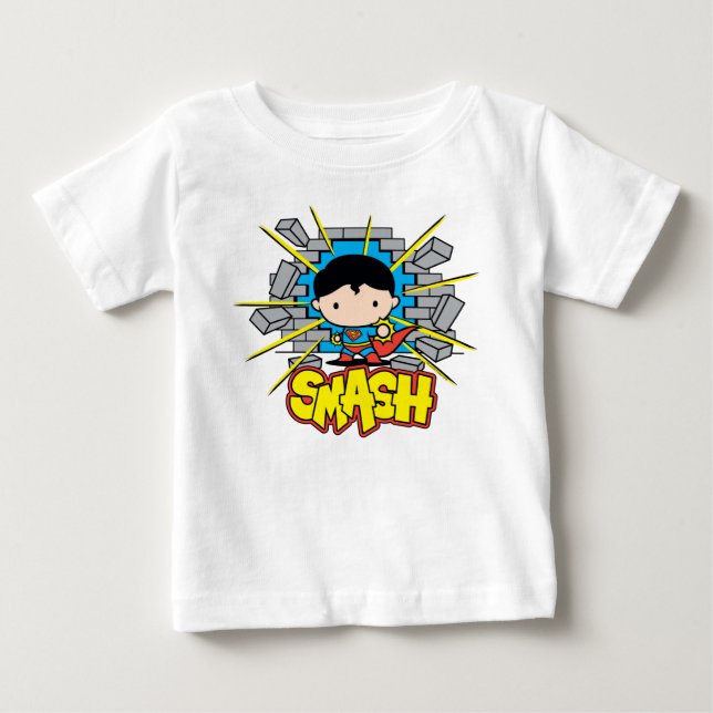 T-shirt Pour Bébé Chibi Superman Frappant À Travers Un Mur De Brique (Devant)