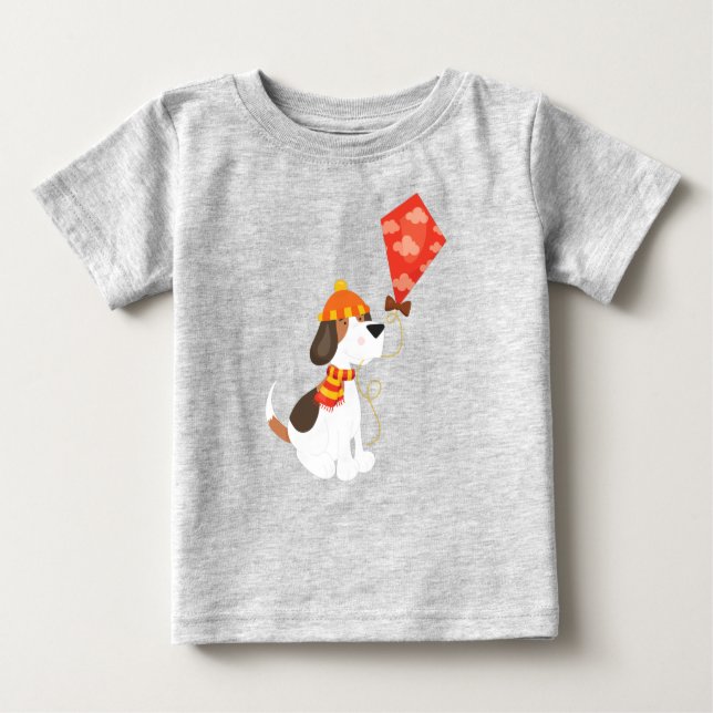 T-shirt Pour Bébé Chien d'automne, Chien mignon, Chien avec cerf-vol (Devant)