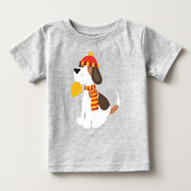 T-shirt Pour Bébé Chien d'automne, Chien mignon, Écharpe, Casquette, (Devant)
