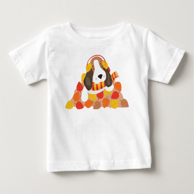 T-shirt Pour Bébé Chien d'automne, Chien mignon, Hache de Basset, Fe (Devant)