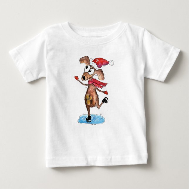 T-shirt Pour Bébé Chien de Noël Whimsical sur patins à glace (Devant)