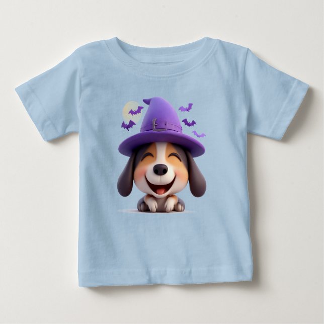 T-shirt Pour Bébé Chien joyeux habillé en Casquette de sorcière (Devant)