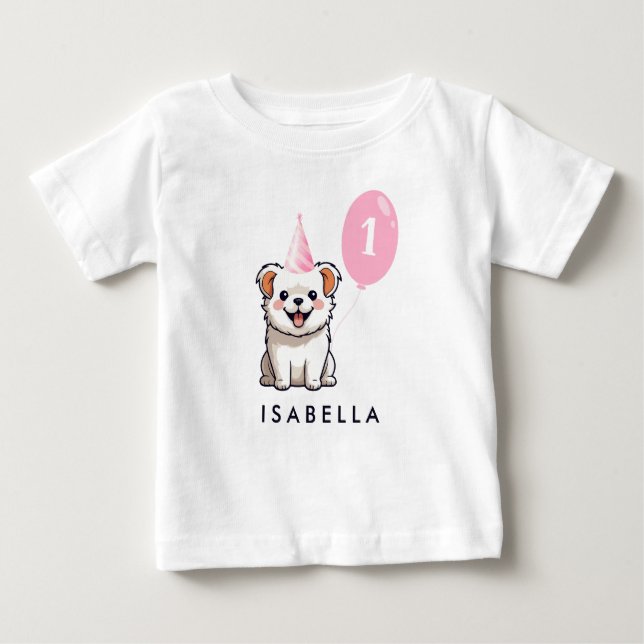 T-shirt Pour Bébé Chien mignon Anniversaire Fille rose Balloon (Devant)