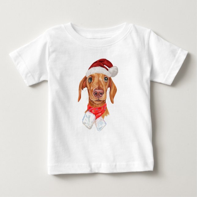 T-shirt Pour Bébé Chien teckel crème Noël vacances (Devant)