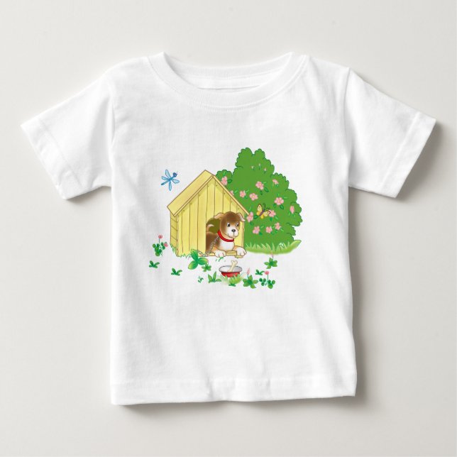 T-shirt Pour Bébé chiot dans un chenil et os dans un bol (Devant)