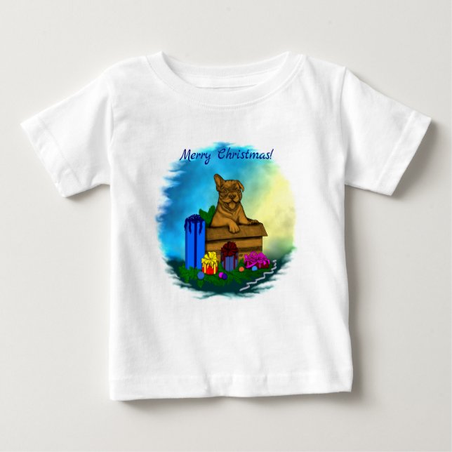 T-shirt Pour Bébé Chiot dans une boîte, Joyeux Noël (Devant)