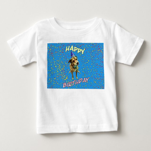 T-shirt Pour Bébé Chiot en Casquette d'anniversaire - Amusant (Devant)