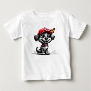 T-shirt Pour Bébé Chiot noir kawaii avec papillon animal mignon