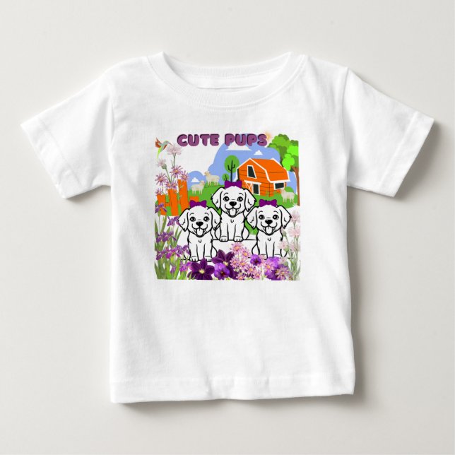 T-shirt Pour Bébé Chiots Et Fleurs (Devant)