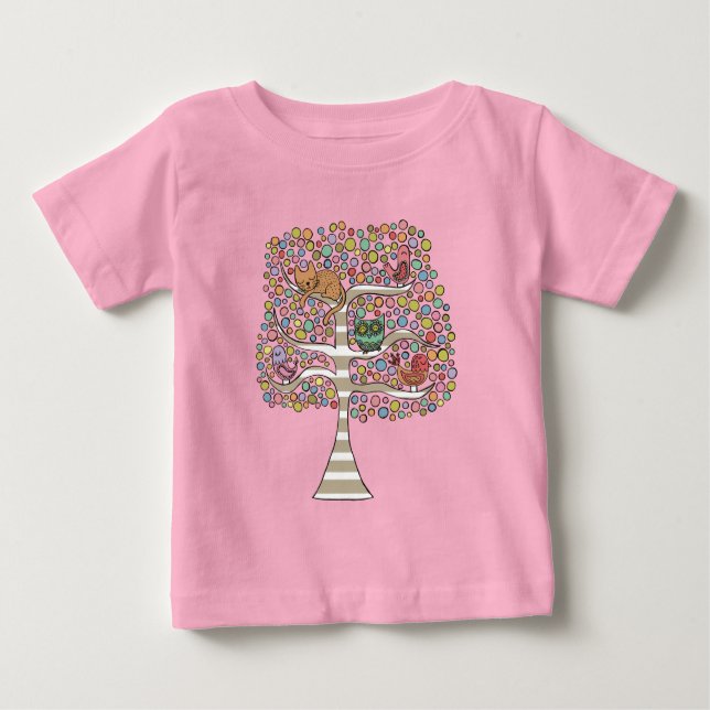 T-shirt Pour Bébé Chouette chatte et oiseaux dans un arbre Illustrat (Devant)