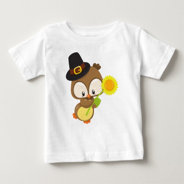 T-shirt Pour Bébé Chouette d'action de grâces, Chouette Brown, Casqu (Devant)