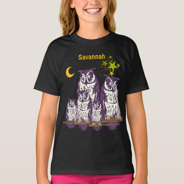T-shirt Pour Bébé Chouettes pourpres personnalisées Lune et étoiles (Devant)