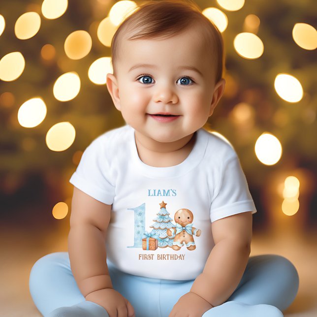 T-shirt Pour Bébé Christmas Blue Gingerbread Homme Nom 1er anniversa (Christmas Blue Gingerbread Man Name 1st Birthday Baby T-Shirt)