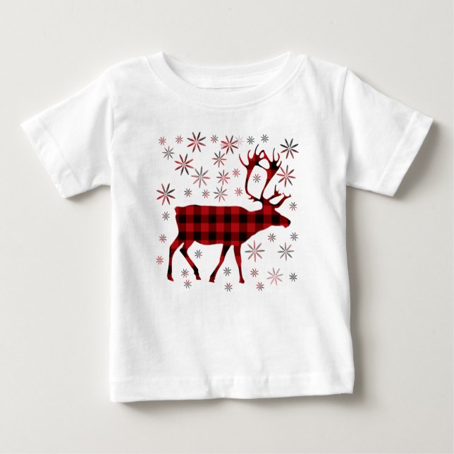 T-shirt Pour Bébé Christmas Moose, Deer, elk, caribou, red plaids (Devant)