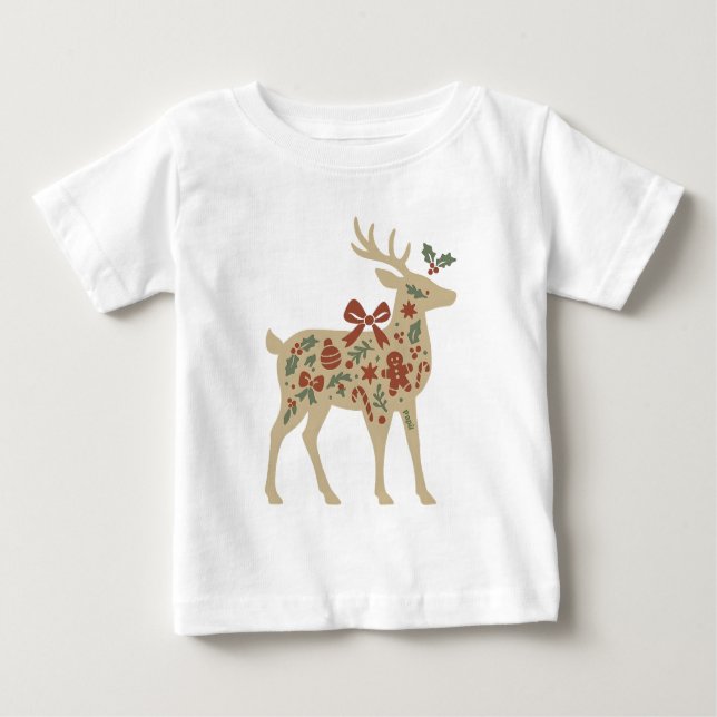 T-shirt Pour Bébé Christmas Reindeer Floral Art (Devant)
