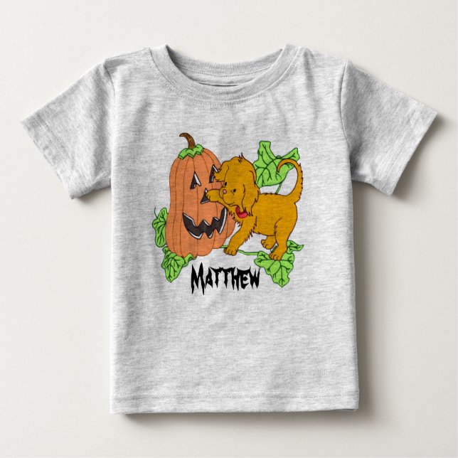 T-shirt Pour Bébé Citrouille et chiot mignons personnalisés pour Hal (Devant)