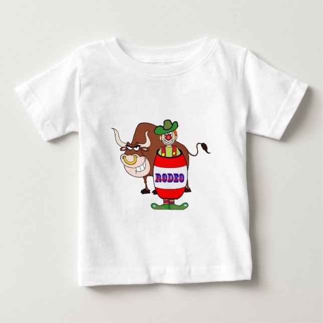 T-shirt Pour Bébé Clown Rodéo En Baril Et Taureau Caricature (Devant)
