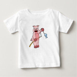 T-shirt Pour Bébé Cochon à la pêche avec la canne à pêche et le pois