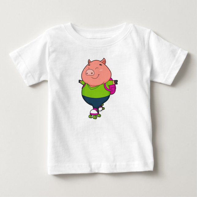 T-shirt Pour Bébé Cochon à Patinage en ligne avec patins à rouleaux (Devant)