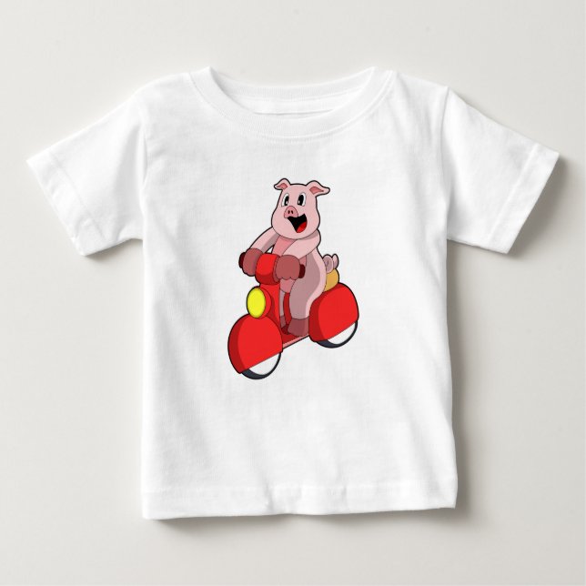 T-shirt Pour Bébé Cochon en vélo avec Scooter (Devant)