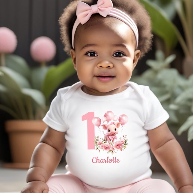 T-shirt Pour Bébé Cochon rose mignon ferme 1er anniversaire bébé T-s (Pink Cute Pig Girl Farm 1st Birthday Baby T-Shirt)