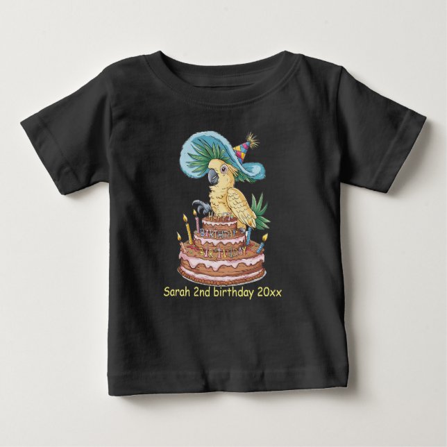 T-shirt Pour Bébé cockatoo perché sur gâteau d'anniversaire casquett (Devant)