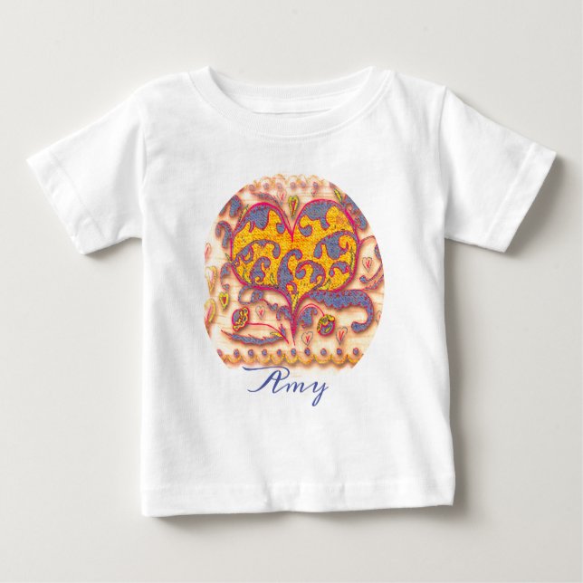 T-shirt Pour Bébé Coeur d'art populaire avec feuilles, fleurs & nom (Devant)