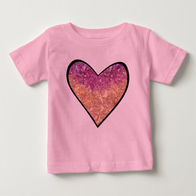T-shirt Pour Bébé Cœur de paillettes fausses rose et or (Devant)