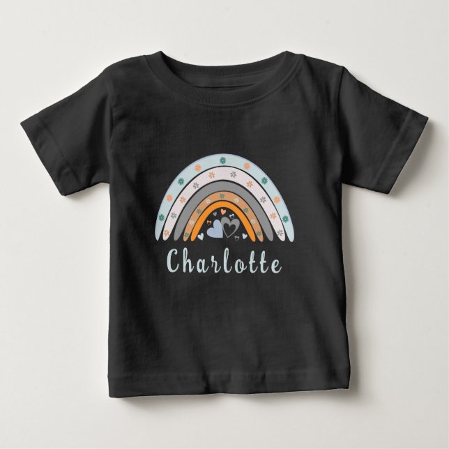 T-shirt Pour Bébé Coeurs Boho Arc-en-ciel avec nom personnalisé (Devant)