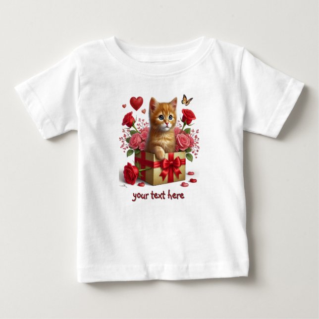 T-shirt Pour Bébé Coeurs rouges et Rose Ginger Kitten Saint-Valentin (Devant)