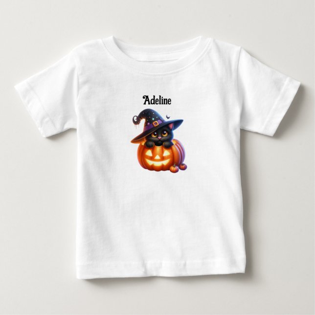 T-shirt Pour Bébé Conception de chat Halloween adorable de citrouill (Devant)