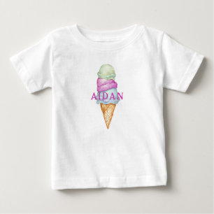 T-shirt Pour Bébé Cône de glace peint coloré personnalisé avec nom