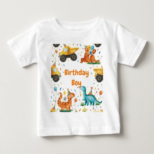 T-shirt Pour Bébé Construction Dinosaur Birthday Boy Personalized (Devant)