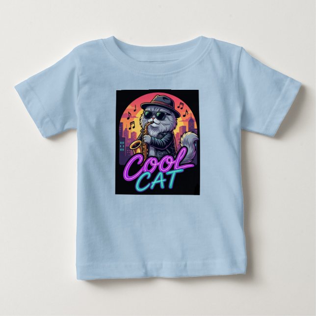 T-shirt Pour Bébé Cool Cat Saxophone – Retro Neon 90s Jazz Cat Desig (Devant)