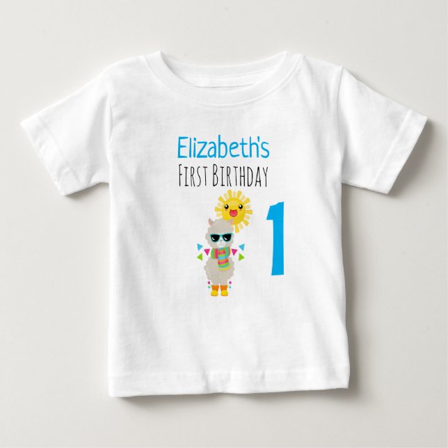 T-shirt Pour Bébé Cool Llama et souriant Kawaii Soleil 1er anniversa (Devant)