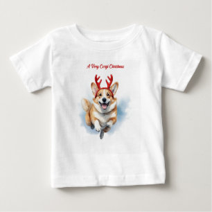 T-shirt Pour Bébé Corgi de Noël avec des bois de rennes bondissant
