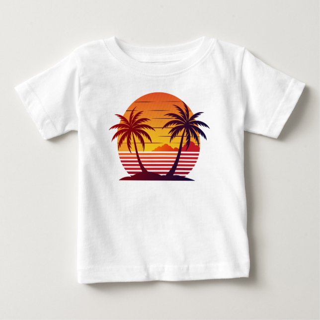 T-shirt Pour Bébé Coucher de soleil avec palmiers Vector  (Devant)